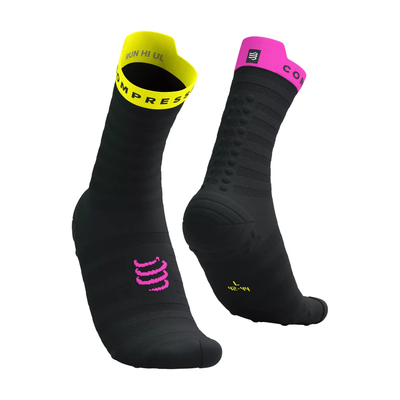 
                COMPRESSPORT Cyklistické ponožky klasické - PRO RACING V4.0 ULTRALIGHT RUN - černá/žlutá/růžová
            