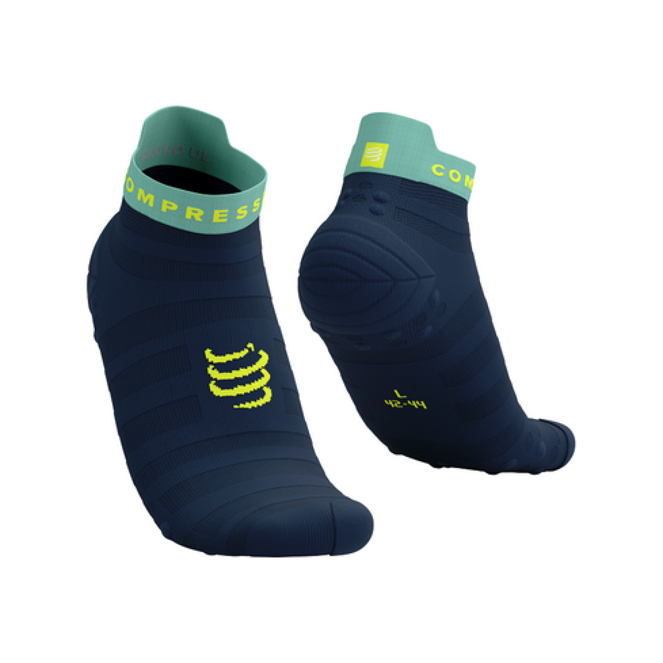 Levně COMPRESSPORT Cyklistické ponožky kotníkové - PRO RACING V4.0 ULTRALIGHT RUN LOW - modrá/světle zelená 45-48