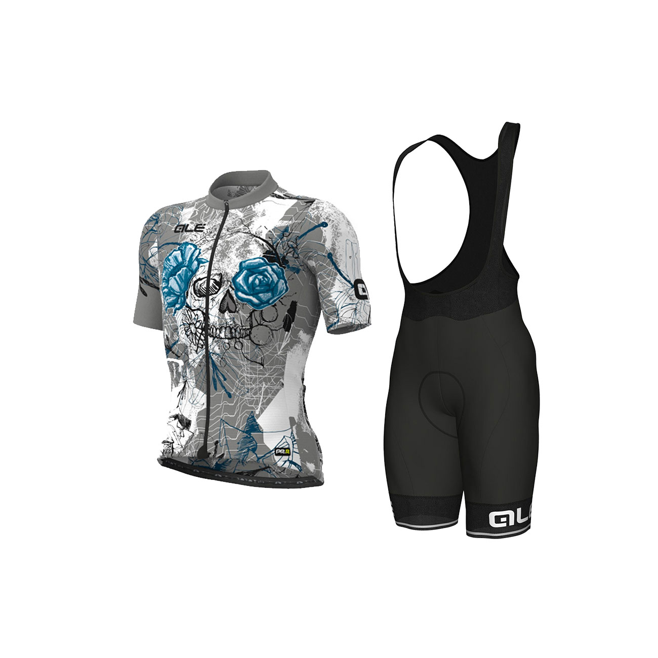 
                ALÉ Cyklistický krátký dres a krátké kalhoty - SKULL - černá/bílá/šedá/světle modrá
            