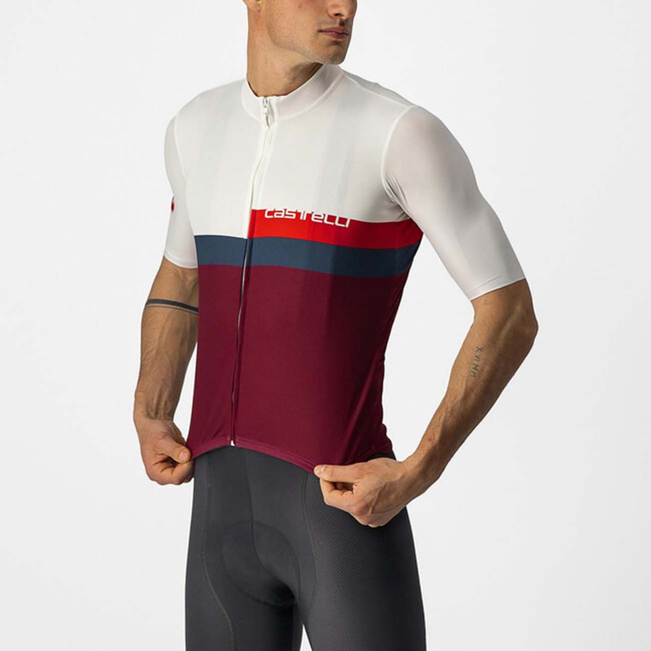 
                CASTELLI Cyklistický dres s krátkým rukávem - A BLOCCO - béžová/bordó/červená/modrá
            