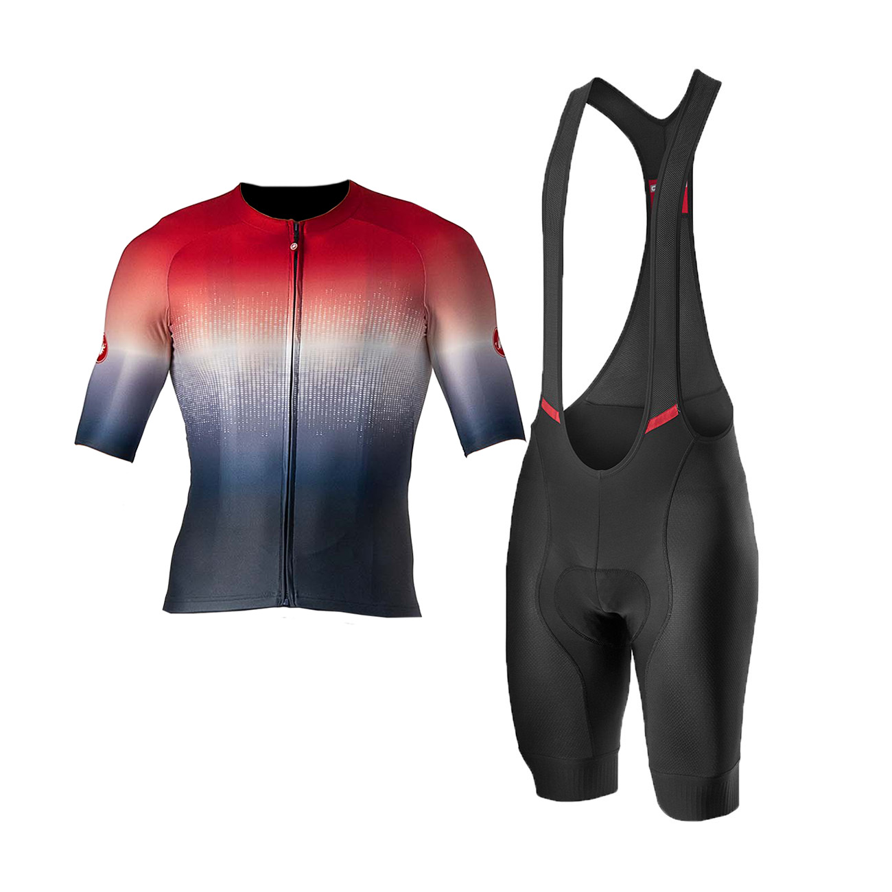 
                CASTELLI Cyklistický krátký dres a krátké kalhoty - AERO RACE 6.0 - bílá/modrá/černá/červená
            