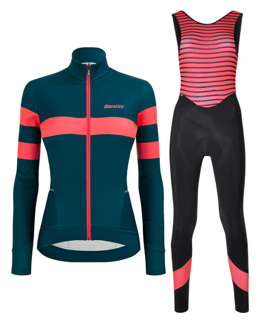 
                SANTINI Cyklistický zimní dres a kalhoty - CORAL B. LADY WINTER - černá/modrá/růžová
            