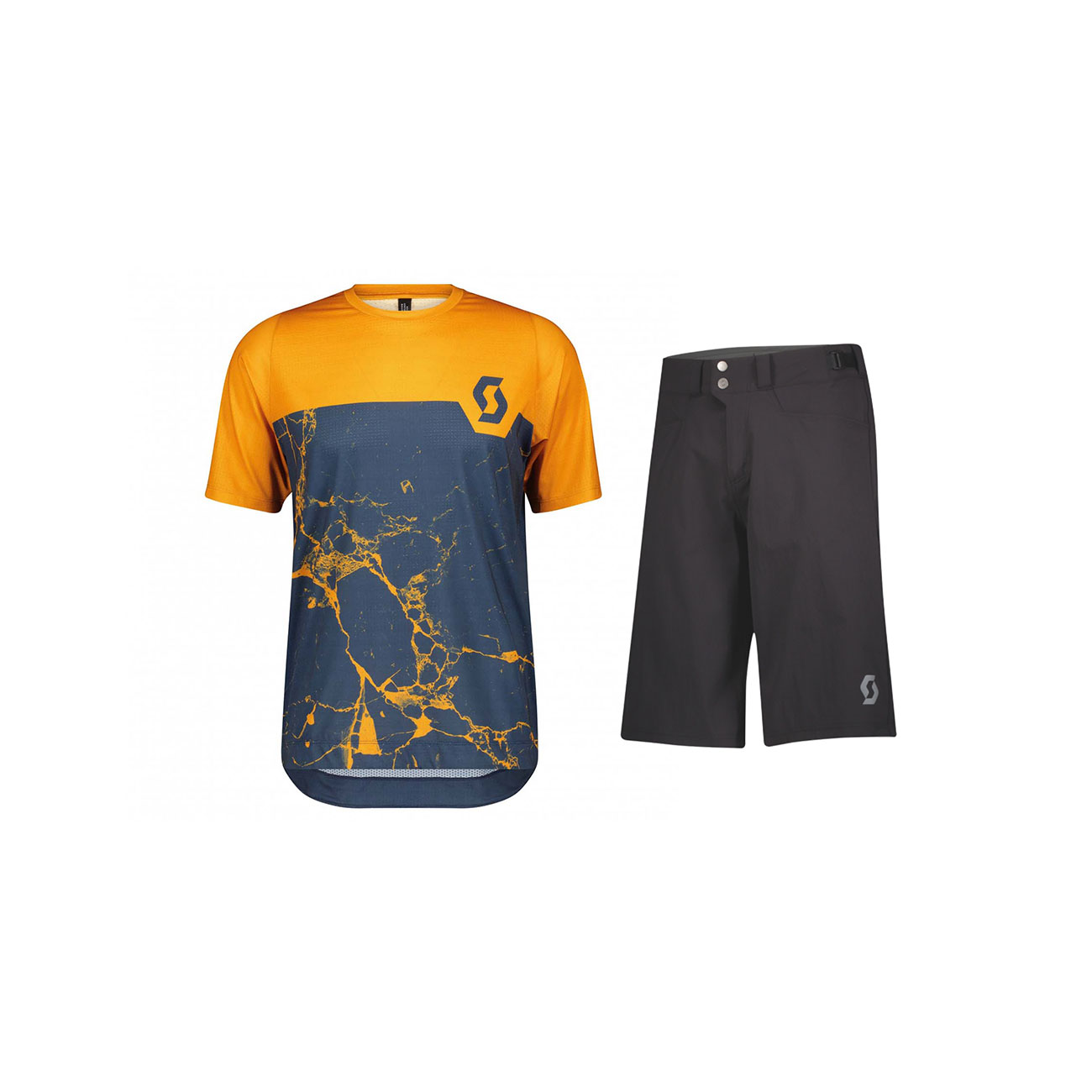 SCOTT Cyklistický MTB dres a kalhoty - TRAIL VERTIC PRO - černá/modrá/oranžová
